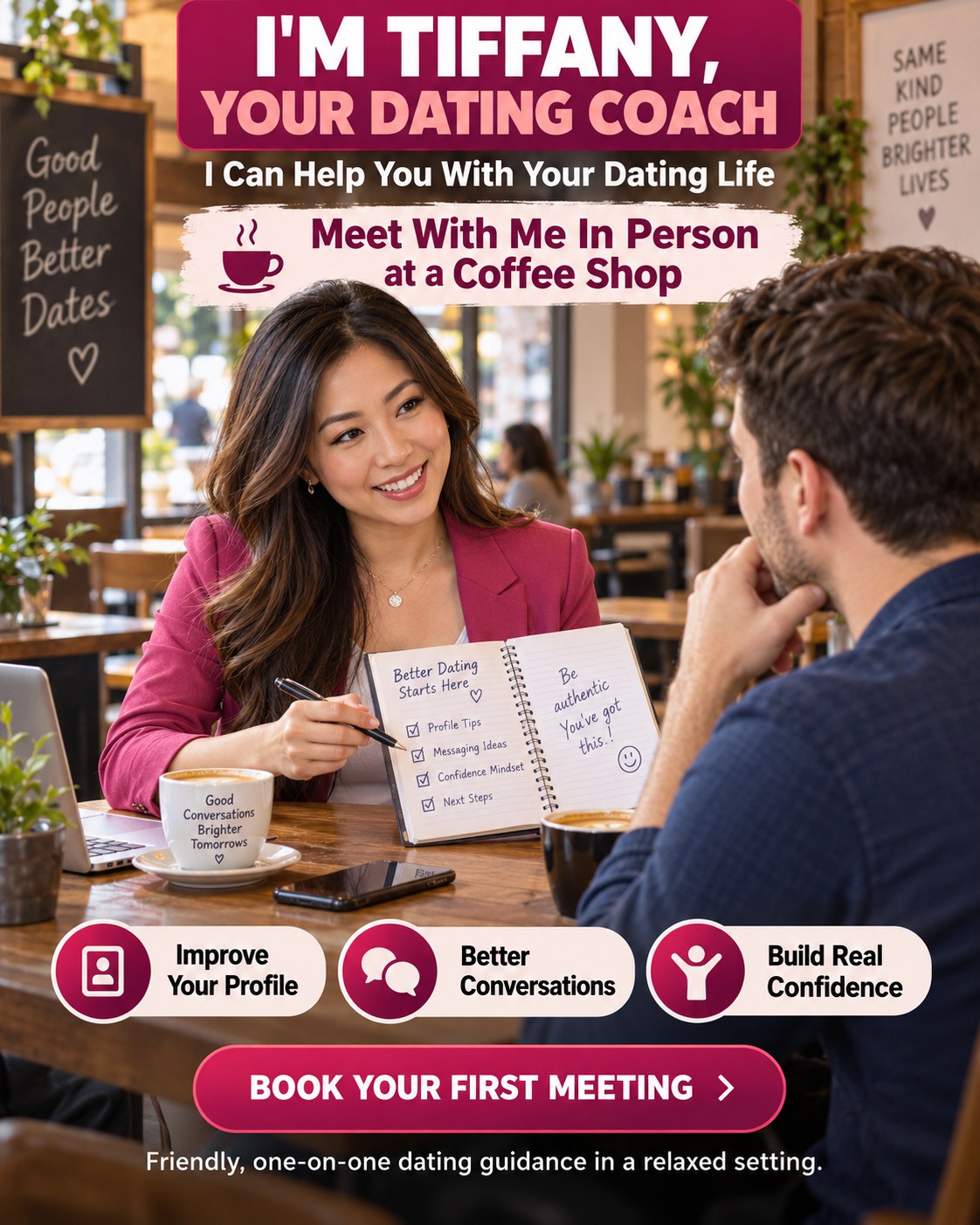 Tiffany providing one-on-one dating coaching in a coffee shop